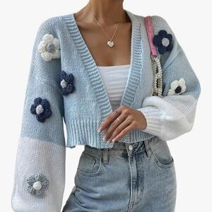 3D Floral Ballon Arm Cropped Cardigan- Size Large